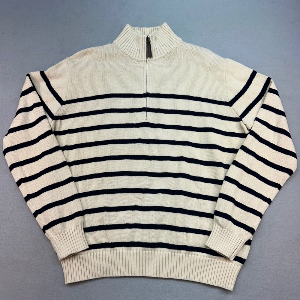 John Galt California Mens Cream Navy Striped Quarter Zip Cotton Sweater MH473